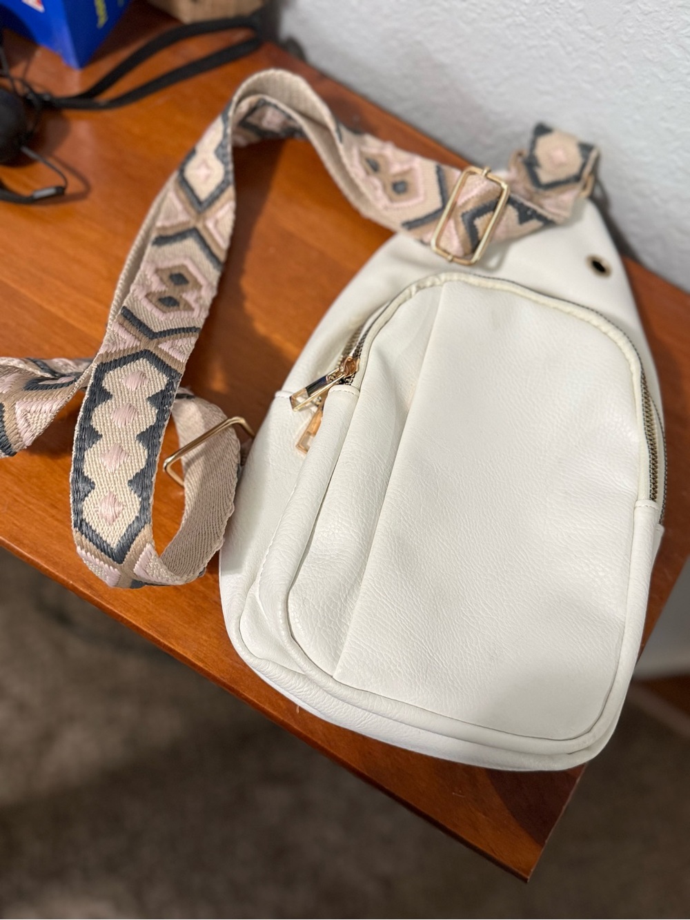Cream Crossbody Sling Bag with Patterned Strap